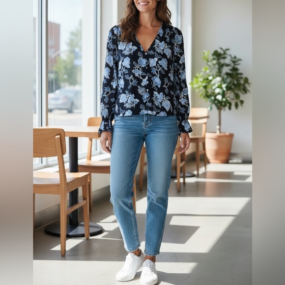 Joie Tops - Joie Navy Blue and Light Blue Floral Print Long sleeves Blouse Size S